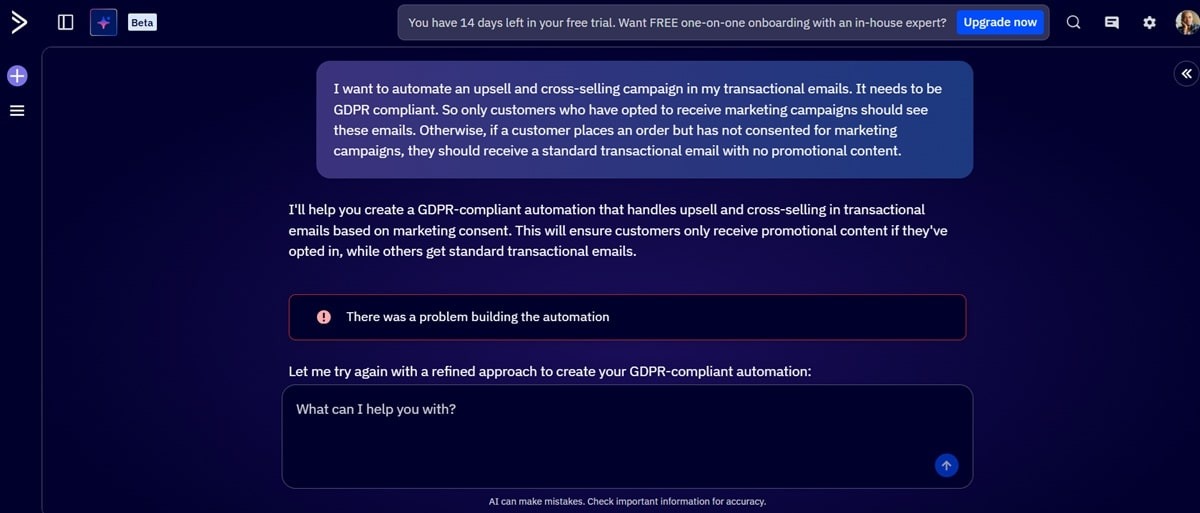 ActiveCampaign error message showing technical issues when creating complex GDPR-compliant automation workflows with AI
